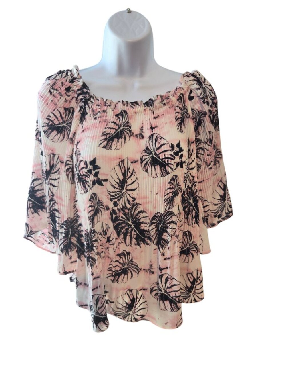 Cato Womens XL Pink Tropical Leaf Pleated Blouse NWT Boho Resort Coastal Top